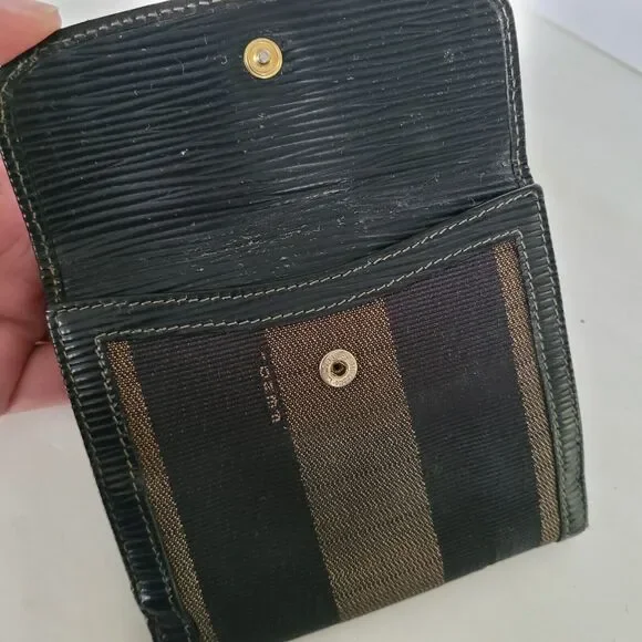 Fendi Vintage Pequin Wallet Canvas Leather Wallet Black Purse Bifold Compact - Picture 12 of 16